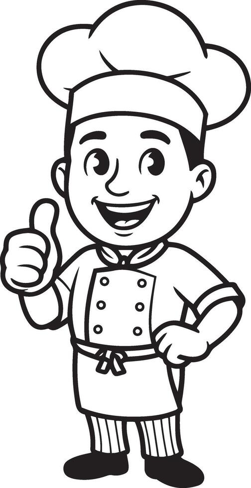 A cartoon black and white silhouette illustration of a chef with a joyful expression, giving a thumbs-up. vector