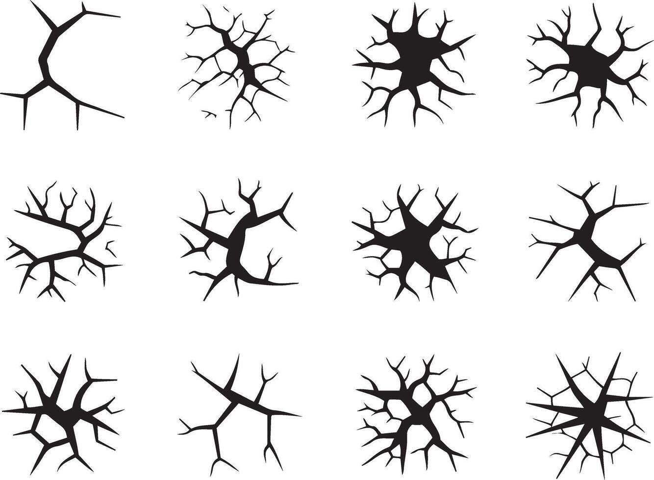 A set of diverse crack patterns, perfect for illustrating damage, destruction, cracked hole broken surface set isolated on white background vector