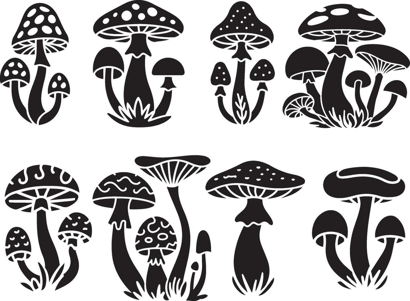 mushroom silhouette bundle, black mushroom clipart, magical forest fungus set, whimsical mushroom stencil design vector
