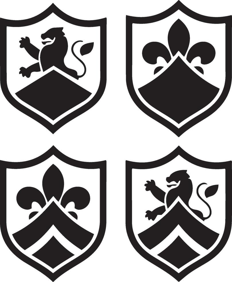 Set of vintage black and white heraldic shields with lion and fleur-de-lis symbols in medieval style vector