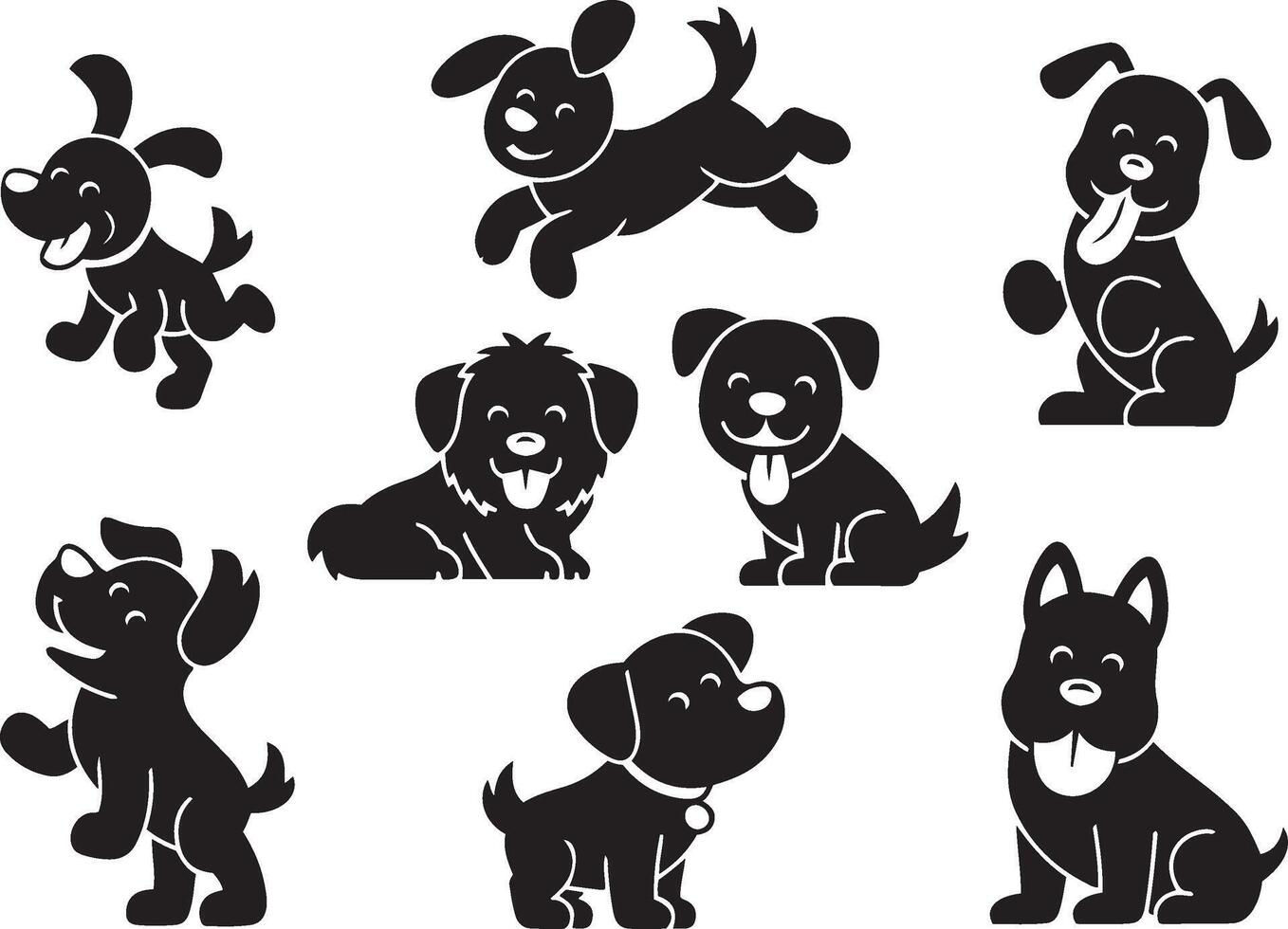 A collection of cartoon cute dog silhouettes in different poses, puppy icons vector