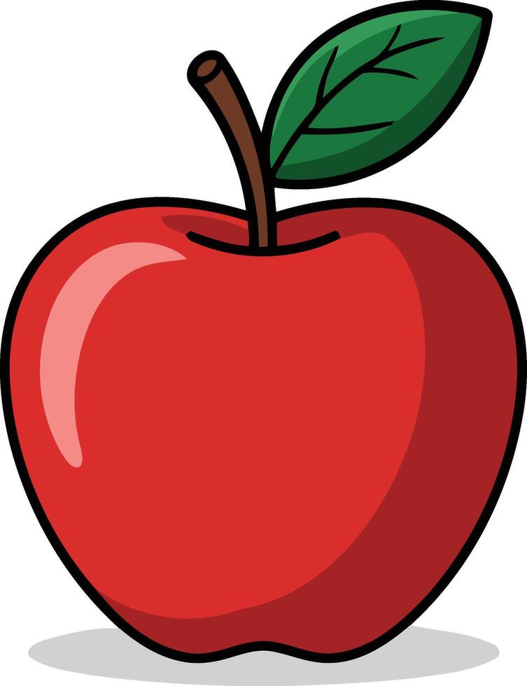 A vibrant flat cartoon-style illustration of a red apple with a small green leaf attached to its stem. vector