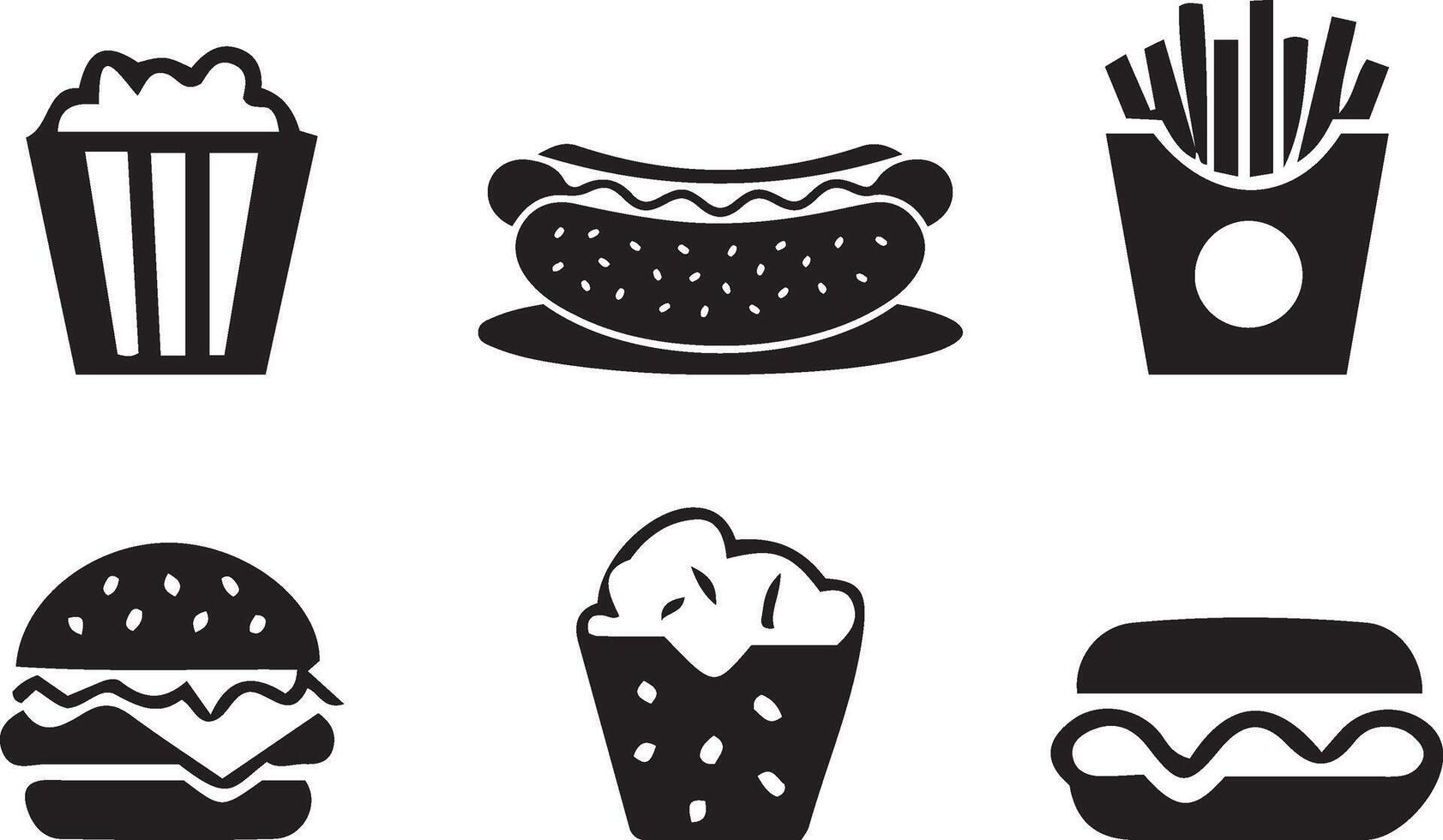 Fast food icons set including popcorn, burger, hot dog, french fries and snack in black and white illustration vector