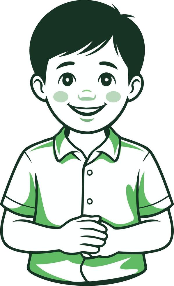 Cute cartoon boy smiling with hands clasped, wearing a green shirt, Smiling Boy Avatar Illustration, children's content, and branding. vector