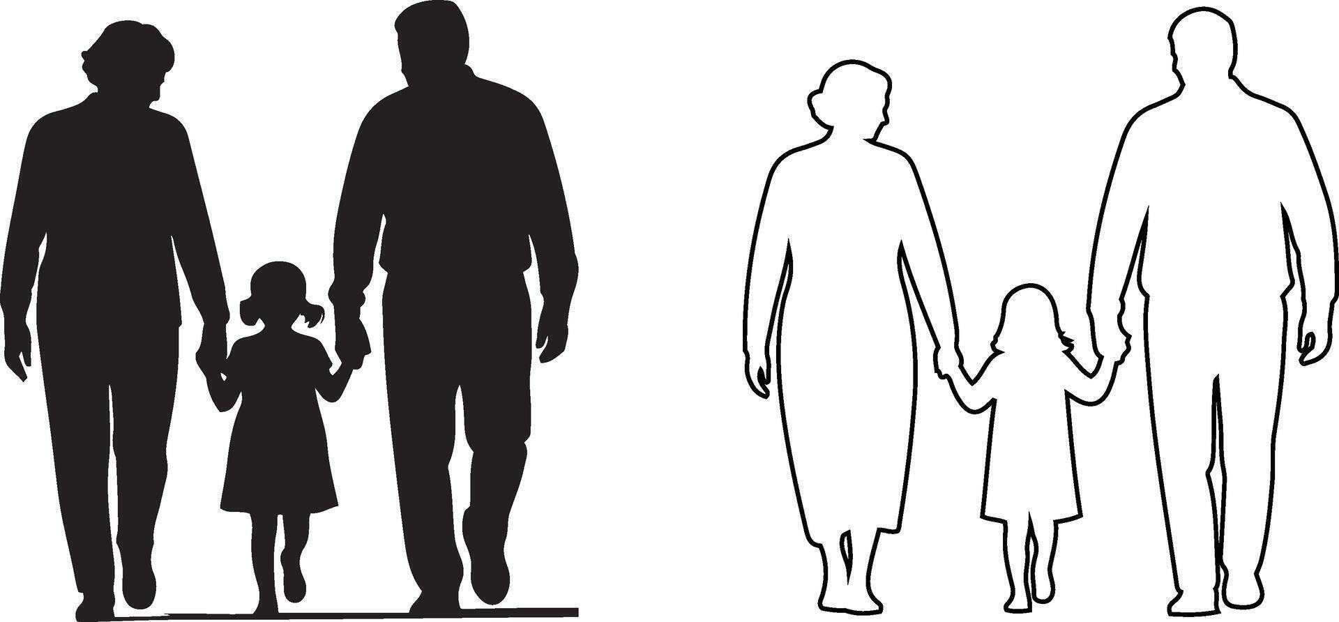 Silhouette and outline of grandparents walking hand in hand with granddaughter. vector