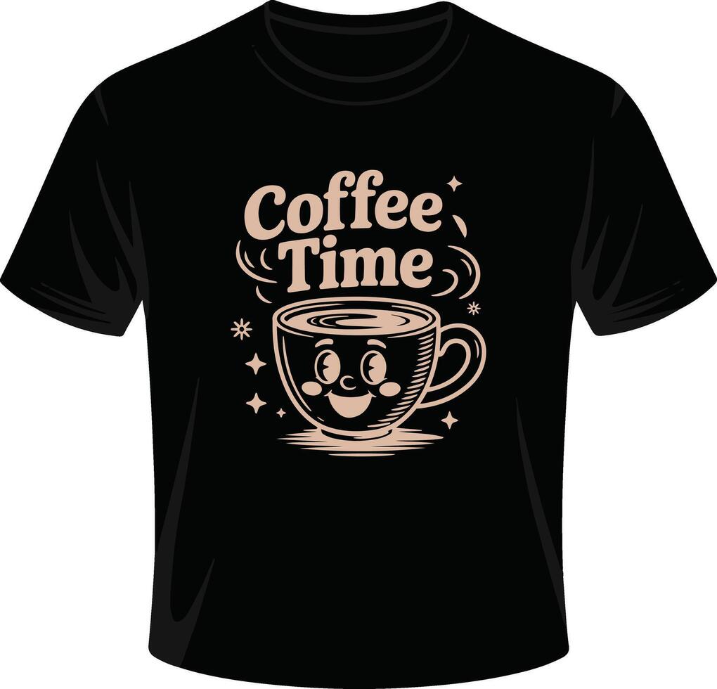 Black t-shirt with a graphic design of a coffee cup, Coffee Time Retro T-Shirt Design vector