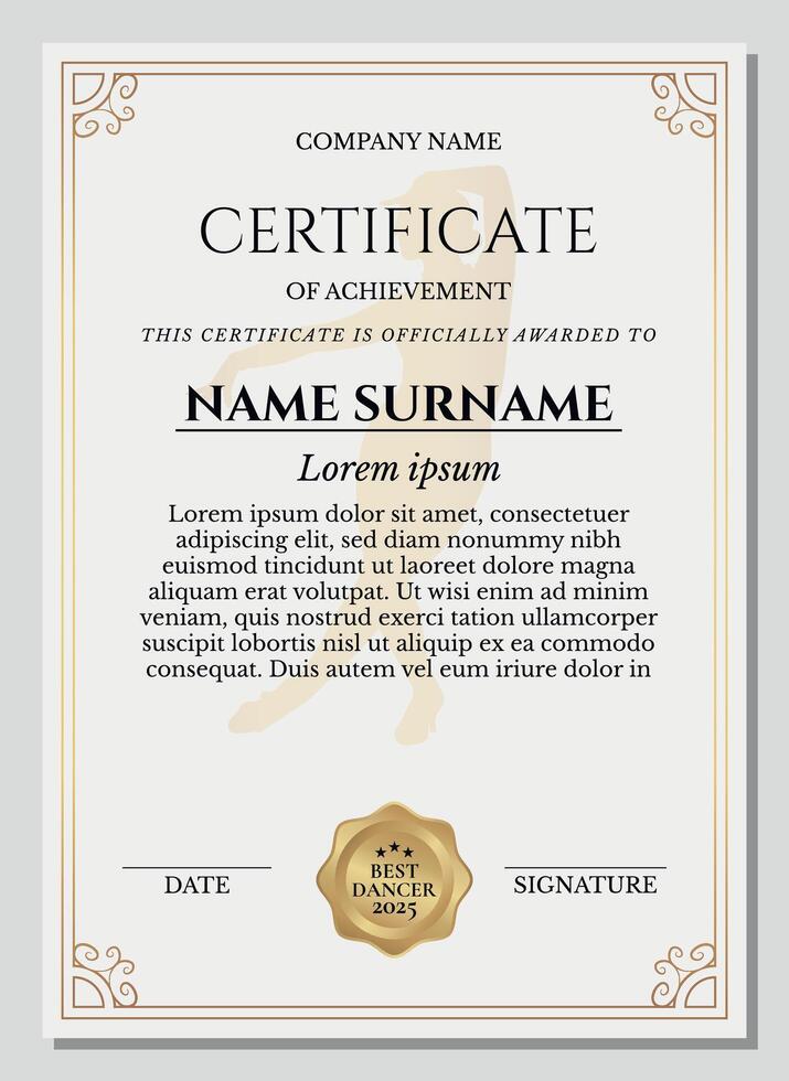 Elegant certificate of achievement template for dancer. Best Dancer Award. Printable A4 diploma design with gold frame and dancer silhouette vector