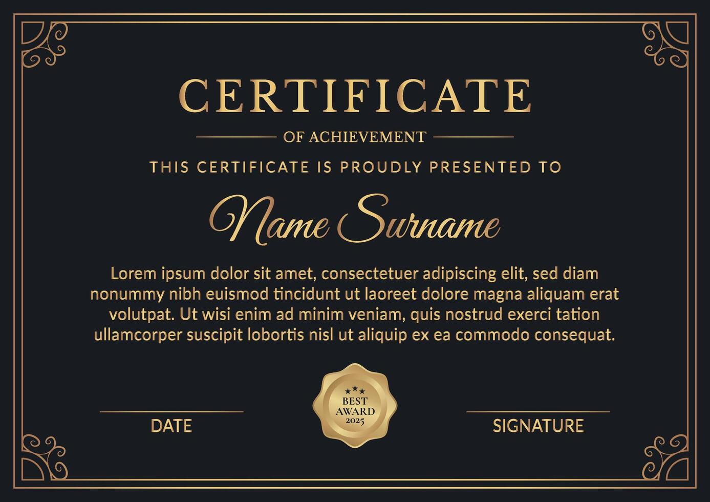Certificate of achievement with gold frame. Elegant A4 printable template. Beautiful black and gold certificate of achievement template, EPS 10 vector