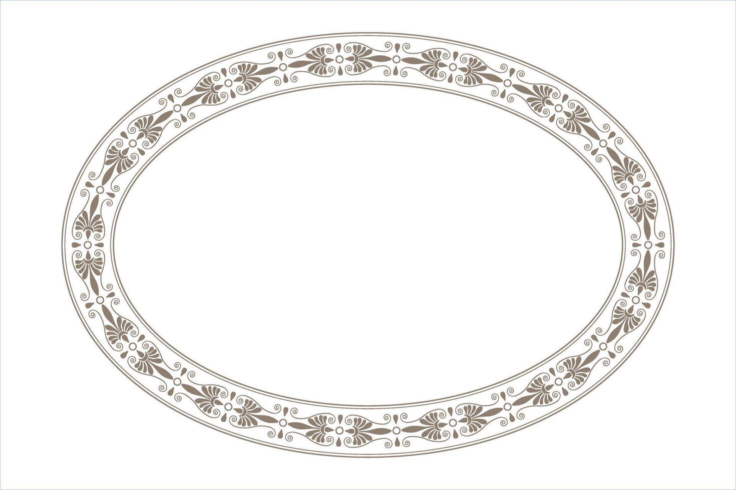 Decorative oval frame with gold floral greek pattern on white background. Oval floral european national pattern frame arabesque. Lace frame for oval surface, invitation, textile, embroidery, porcelain vector