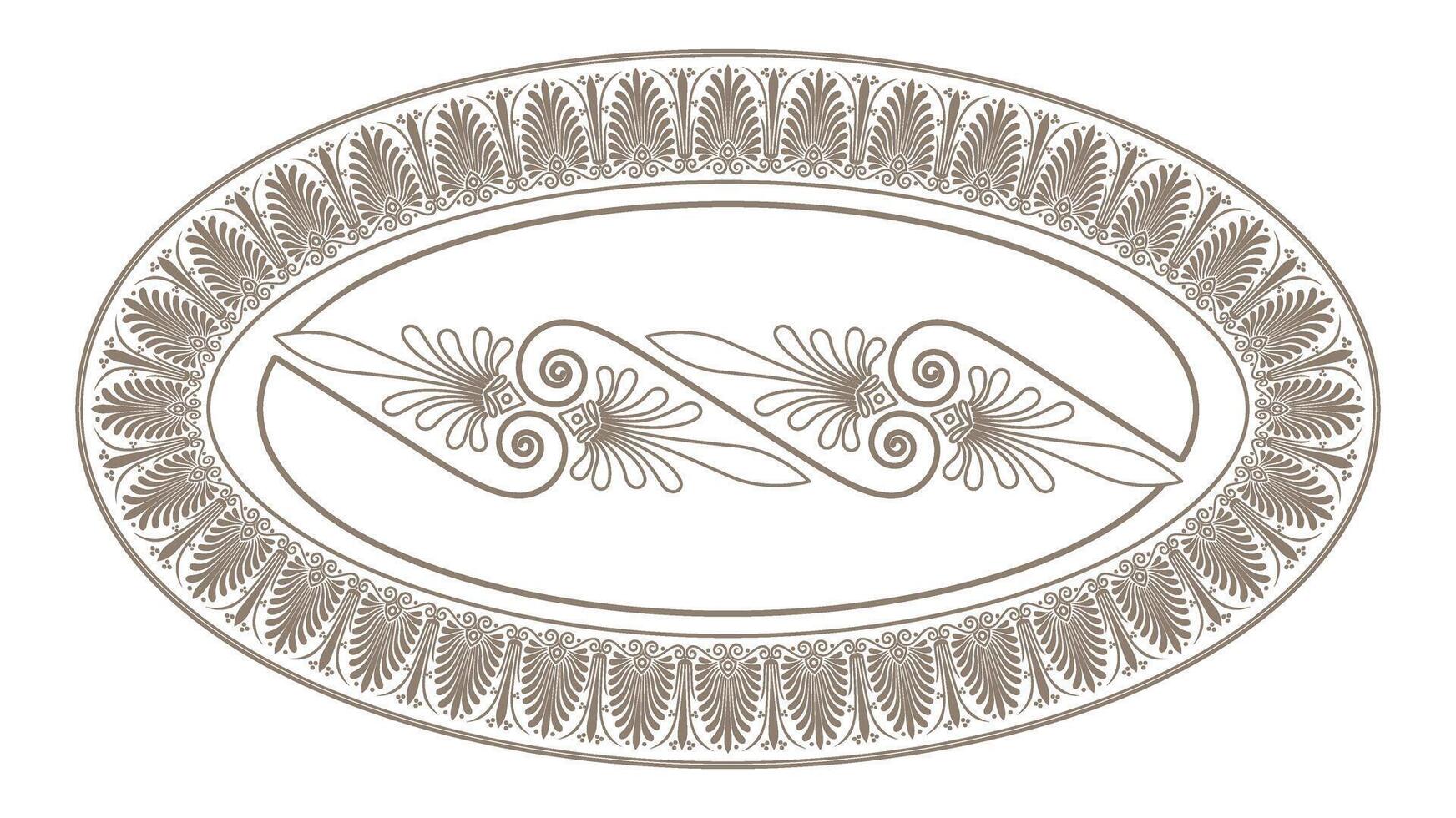 Beautiful oval frame arabesque. Golden plate with floral design. Vintage, ethnic frame with arabesques. EPS. Pattern frame for oval surfaces, household utensils, textiles, embroidery, ceramics vector