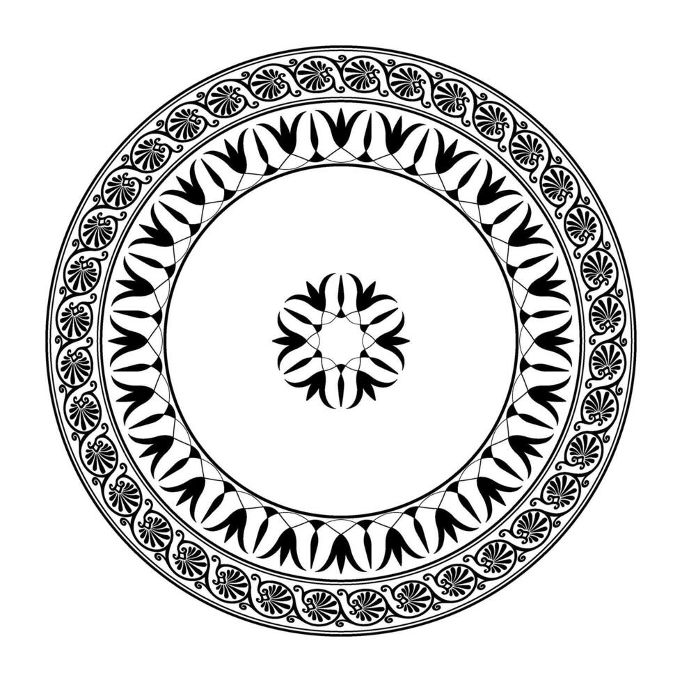Beautiful round european frame with arabesque, floral elements. Traditional classic greek ornament. Monochrome plate with floral design. Vintage, ethnic frame with arabesques. EPS. For printing vector