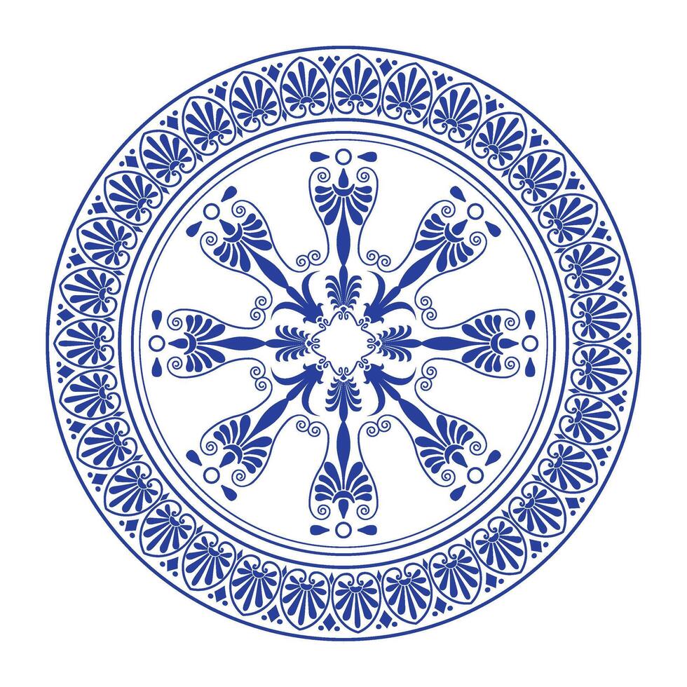 Beautiful blue round frame arabesque. Monochrome plate with large element in the center. Vintage, European frame with arabesques. Pattern frame for textile, embroidery, porcelain, ceramic EPS vector