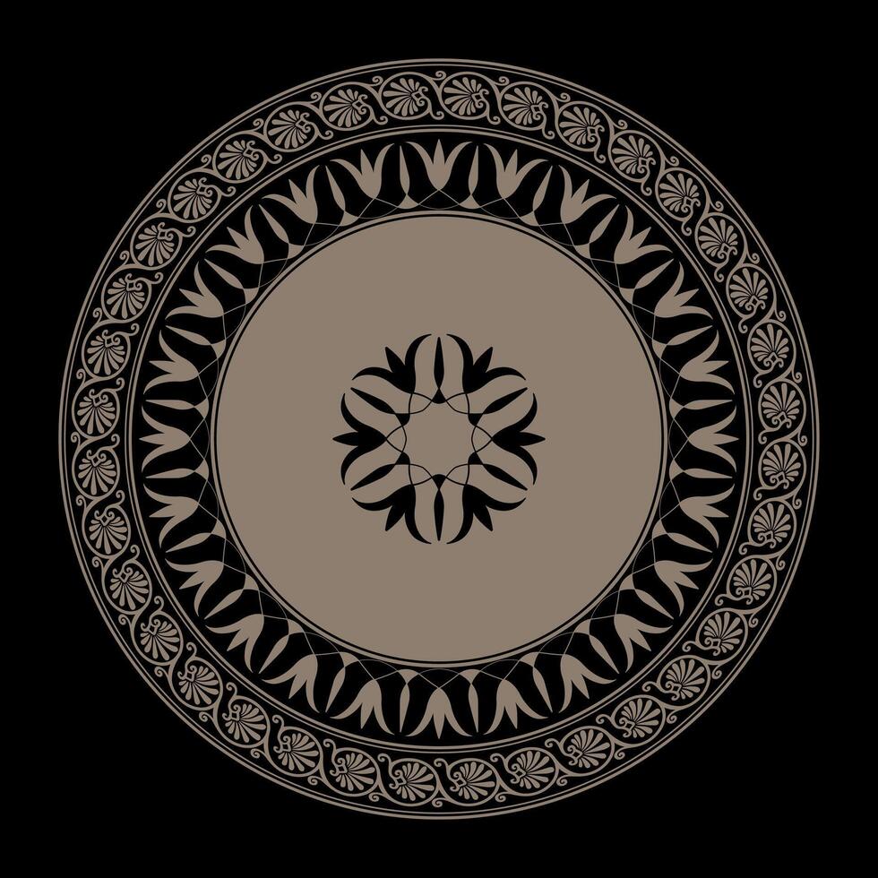 Circle european border frame with arabesque, floral elements. Classic Greek gold round ornamental plate. Byzantine. Decoration of European palace, for round surface, textile, embroidery, porcelain vector