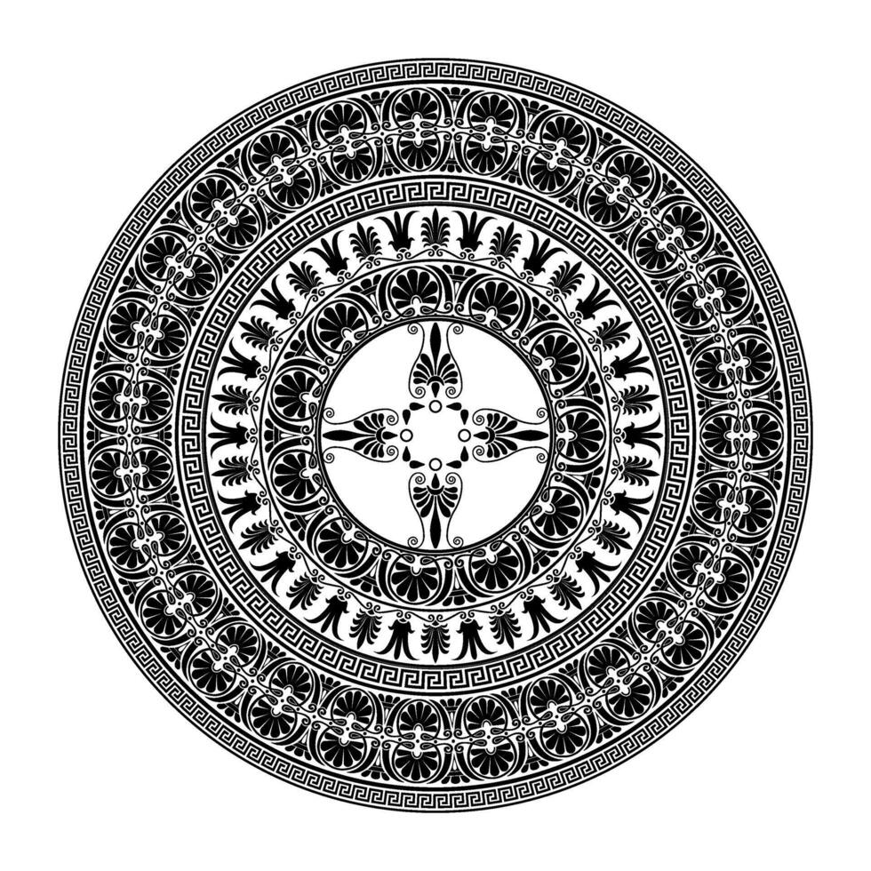Greek key monochrome round plate. Circle of Ancient Greece, the Roman Empire. Traditional egyptian, assyrian, greek motive. Circle border frame. For textile, embroidery, porcelain, engraving vector