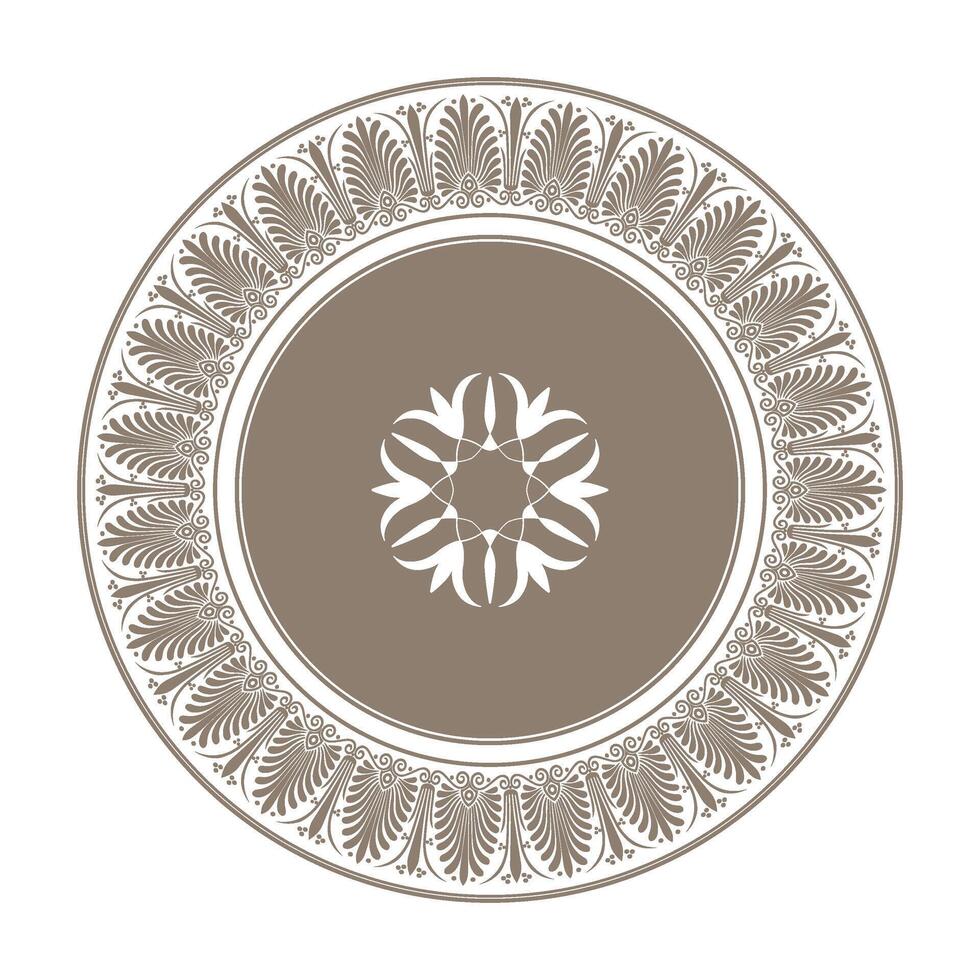 Beautiful round frame arabesque. Golden plate with a large element in the center. Vintage, European frame with arabesques. Pattern frame for textile, embroidery, porcelain EPS vector