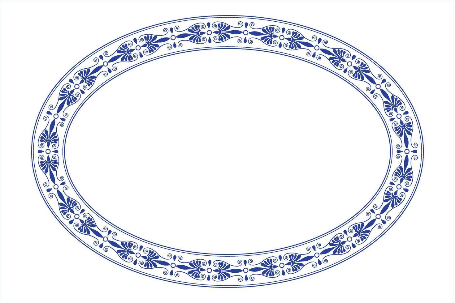 Blue oval plate with floral design. Oval floral european pattern frame arabesque. Vintage, ethnic frame with greek pattern. Pattern frame for oval surface, textile, embroidery, ceramic, porcelain vector
