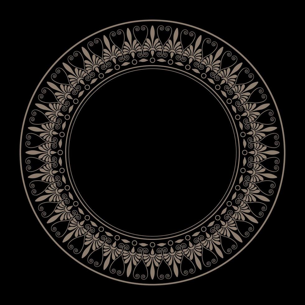 Round golden black pattern with arabesques, floral elements. Greek meander. Patterns of Greece and ancient Rome. Circle european border. Typical egyptian, assyrian, greek motive. For textile vector