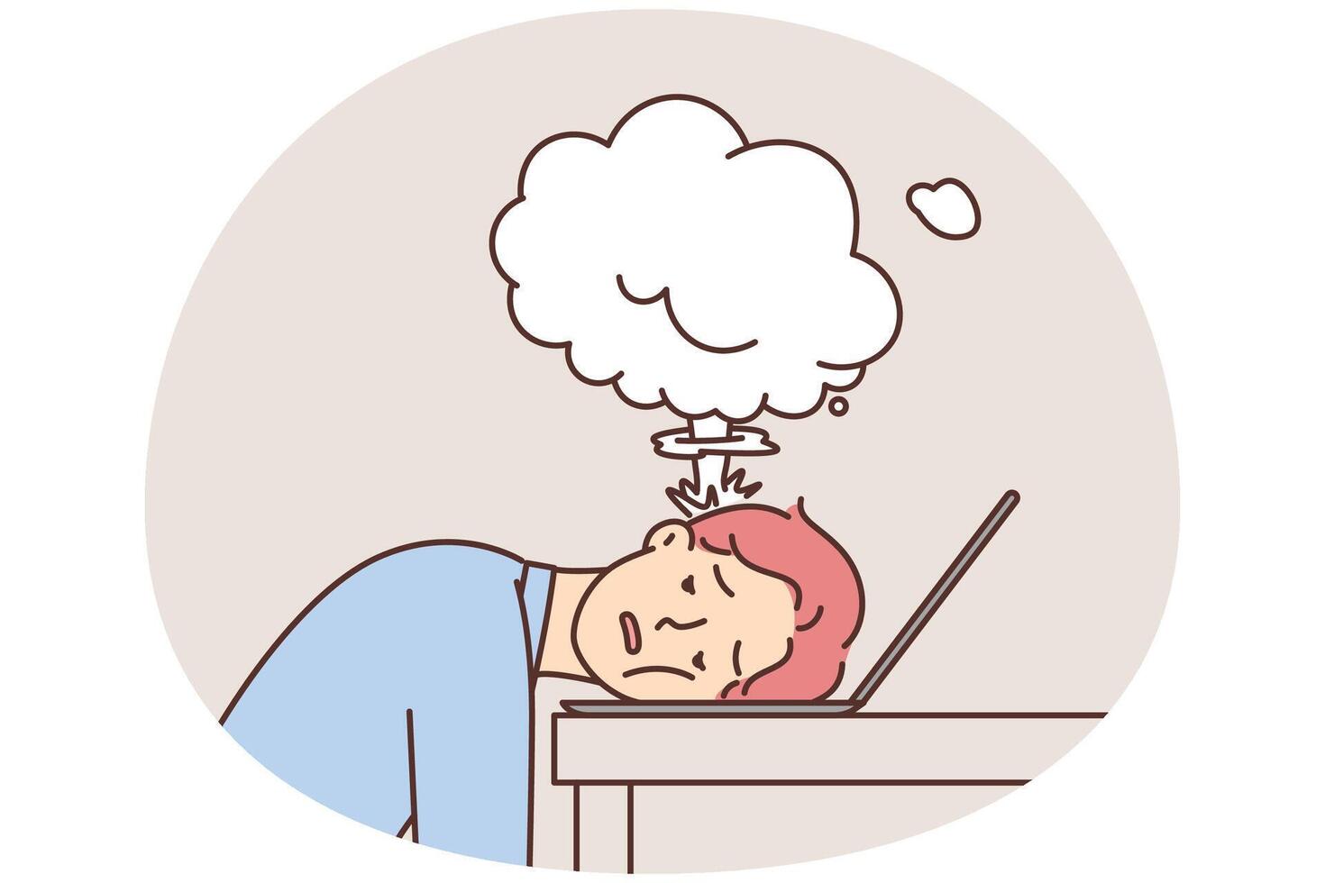 Tortured man put head on keyboard with laptop due to overworked and long lack of rest vector