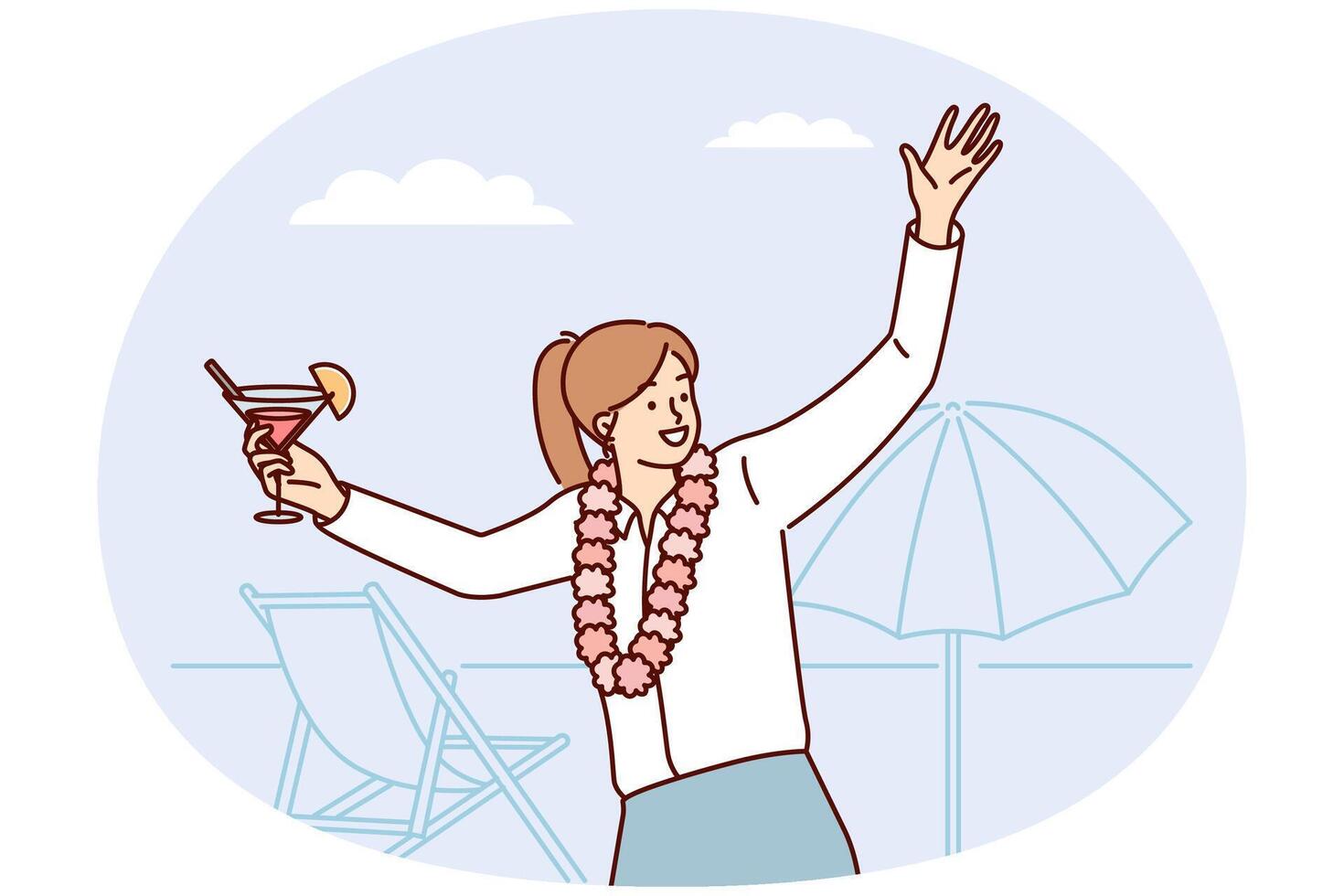 Happy woman in business clothes stands on beach with cocktail in hands dances at beach party vector