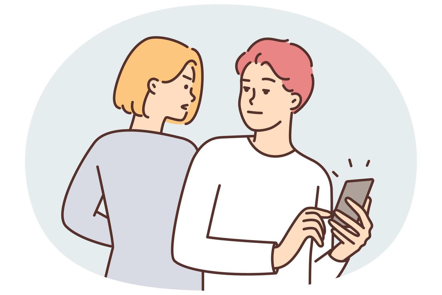 Curious woman trying to spy on boyfriend chatting or using social media on phone vector