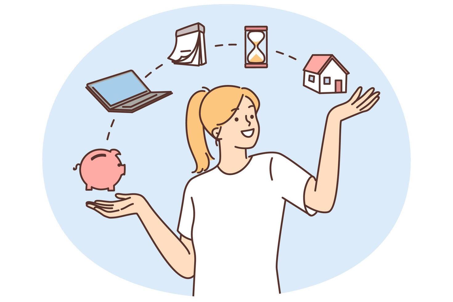 Happy woman in casual t-shirt dreams of saving up money to buy own house or laptop vector