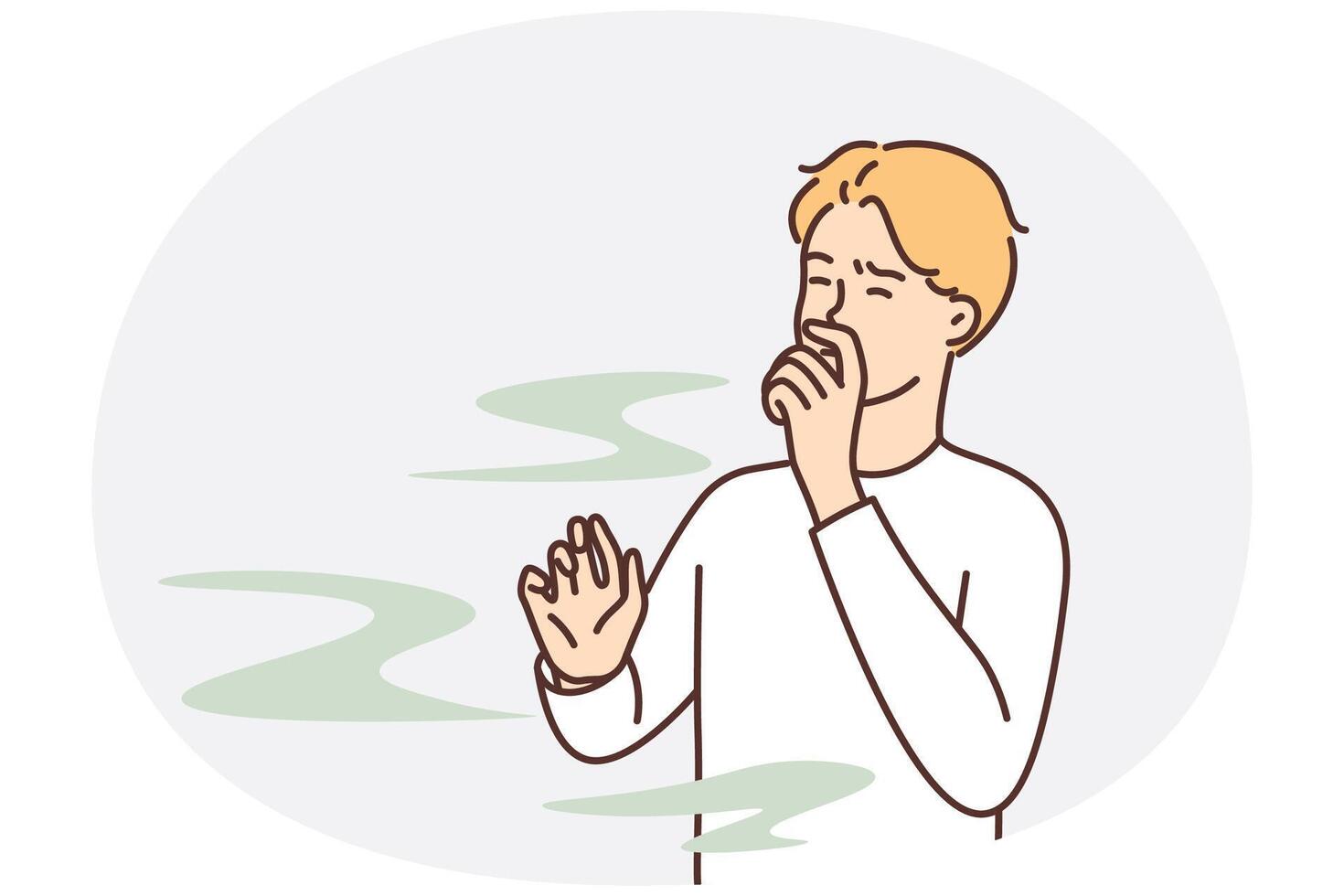 Man covers nose so as not to smell unpleasant smell from harmful production vector