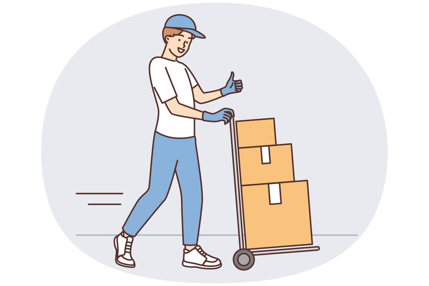 Man at warehouse worker carries cargo cart with cardboard boxes and shows thumbs up vector