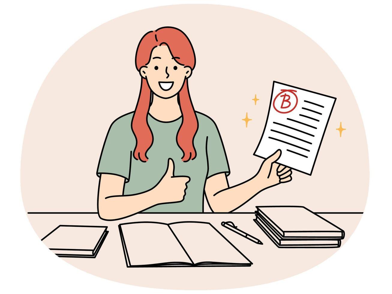 Happy girl student rejoices at average mark for test sits at table with books and pen vector