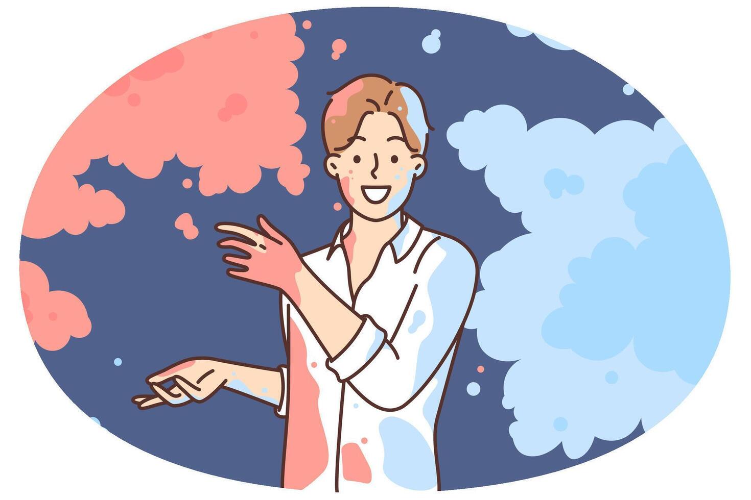 Man in white shirt scatters multi-colored powder on sides, wanting to share bright emotions vector