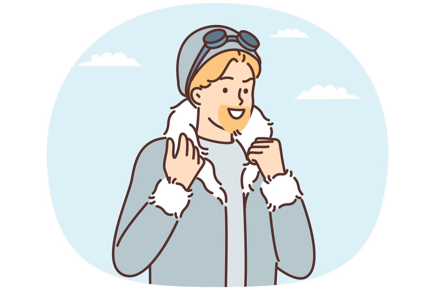 Man in jacket with fur collar looks into distance and smiles while on winter journey vector