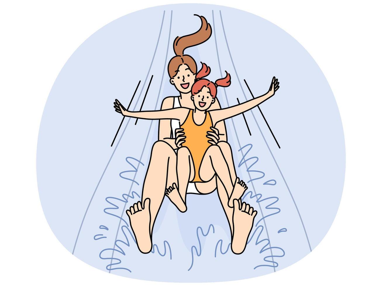 Happy mother and daughter screaming for joy going down water slide in aquapark vector