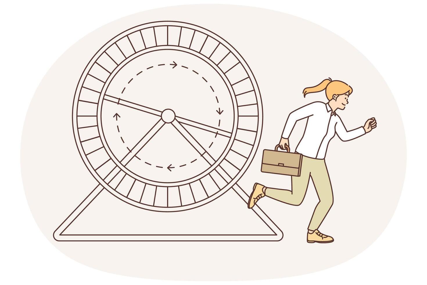 Woman with business briefcase runs near hamster wheel wanting to reach career goa vector