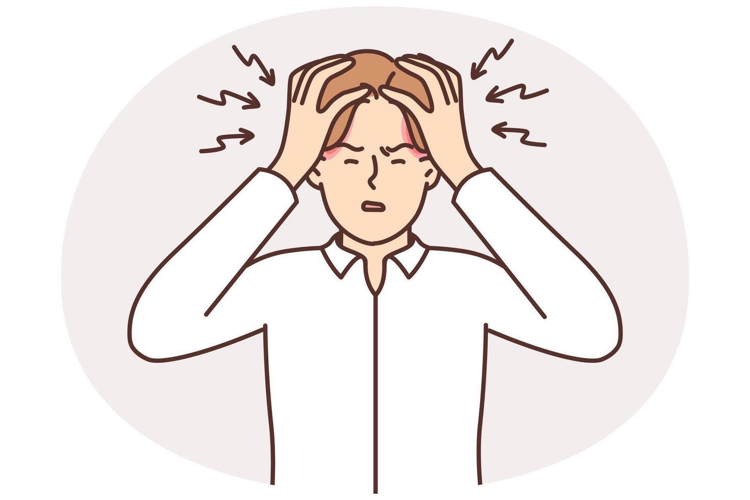 Tormented man clutches head and squints due to overworking and large number of work tasks vector