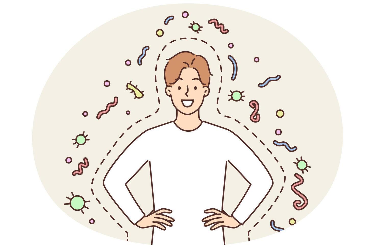 Happy man with good immunity smiling and holding hands on belt standing among bacteria and parasites vector