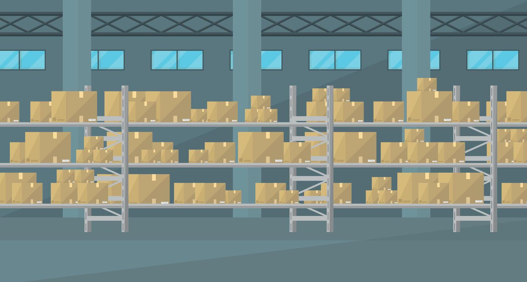 Interior of a large warehouse with columns and windows. Shelves with boxes. Warehouse rental. vector