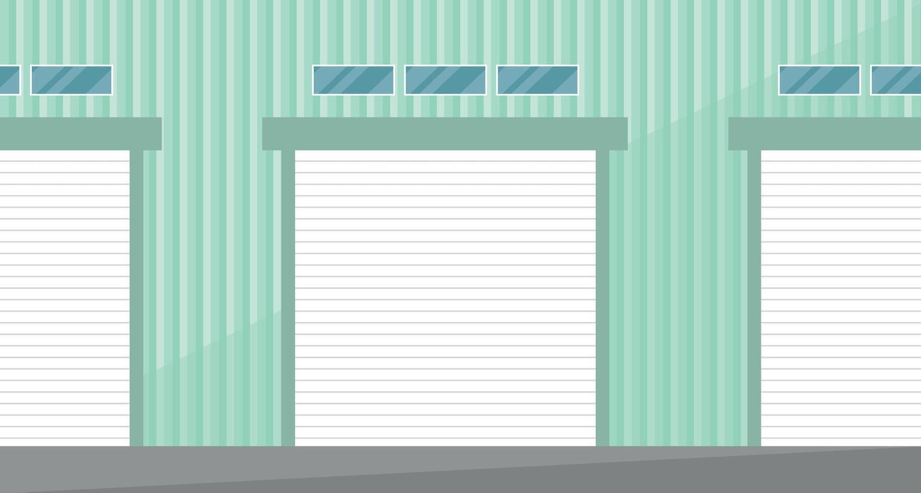 Exterior view of a warehouse building with windows and three roller shutters. Warehouse, logistics. vector