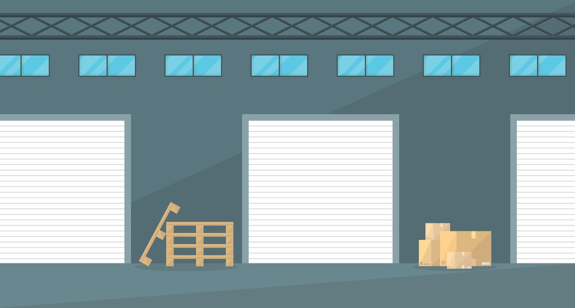 Warehouse interior with three roller shutters, pallets and boxes. Logistics company. Rent. vector