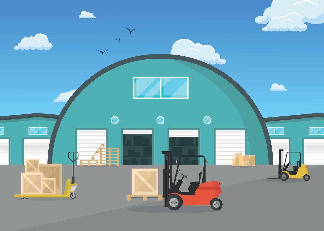 External view of warehouse buildings with forklifts, boxes, cargo trolley. Warehouse, logistics. vector