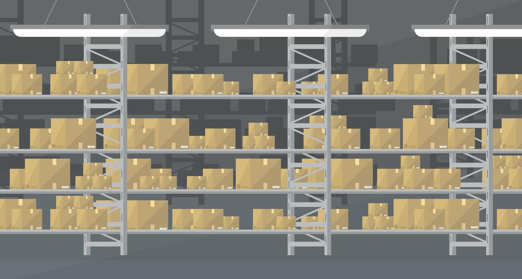 Interior of a logistics warehouse with shelves and boxes. Storage and transportation of goods. vector
