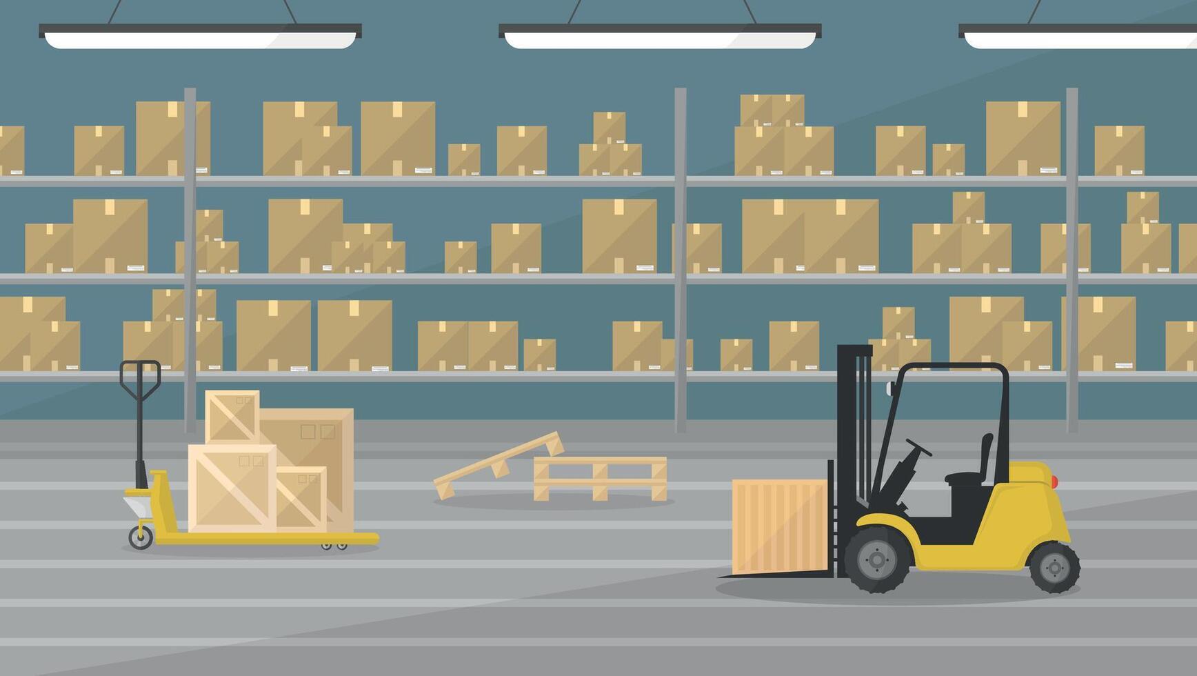 Warehouse interior with a cargo trolley and a forklift. Shelves with boxes and pallets. Logistics. vector