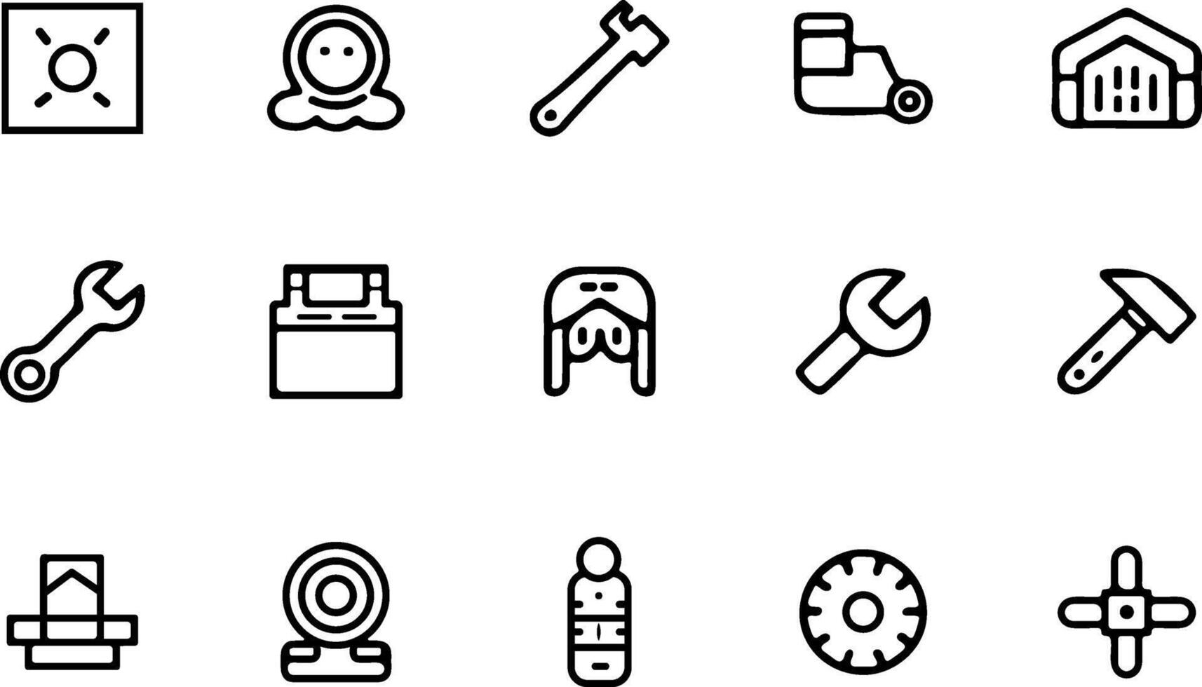 A set of black Workshop icons illustrates Tool box, hammer, symbols and more vector