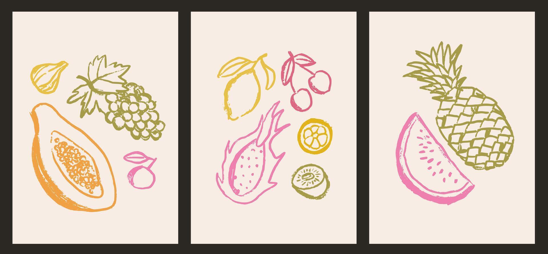 Poster with ink doodle tropical fruit. Abstract healthy food sketches n minimalist ink chalk or charcoal style. vector