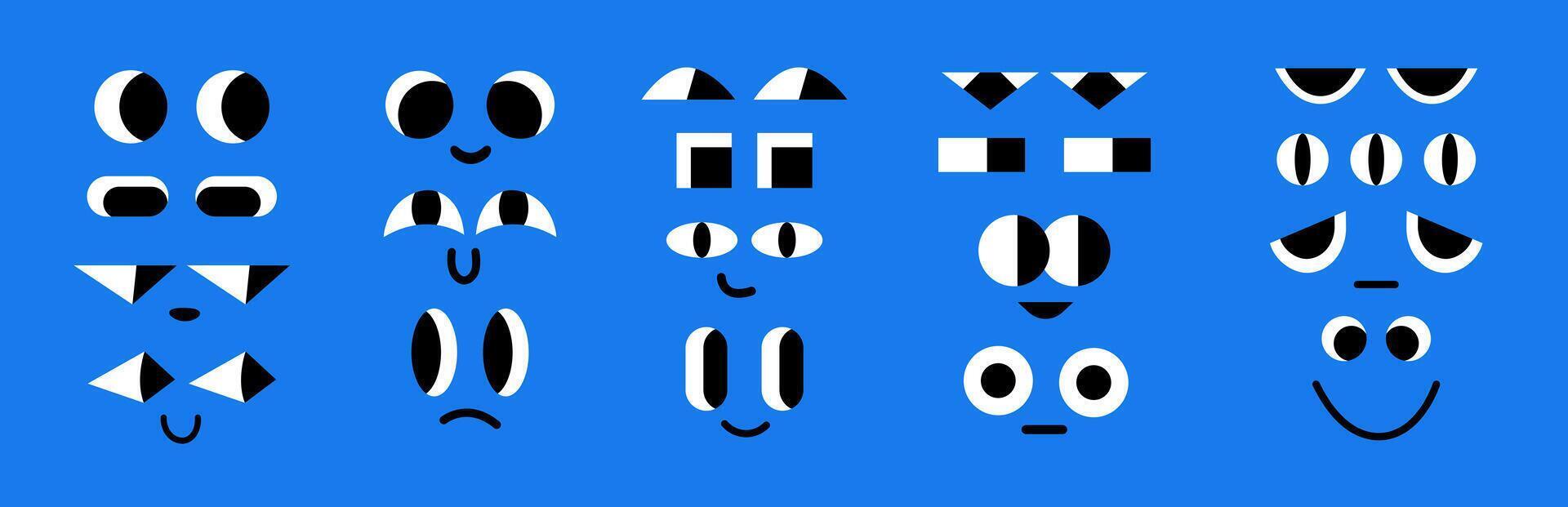 Abstract cartoon eyes and mouths muzzle in flat style. Collection of kids funny face elements. Geometric crazy eye vector