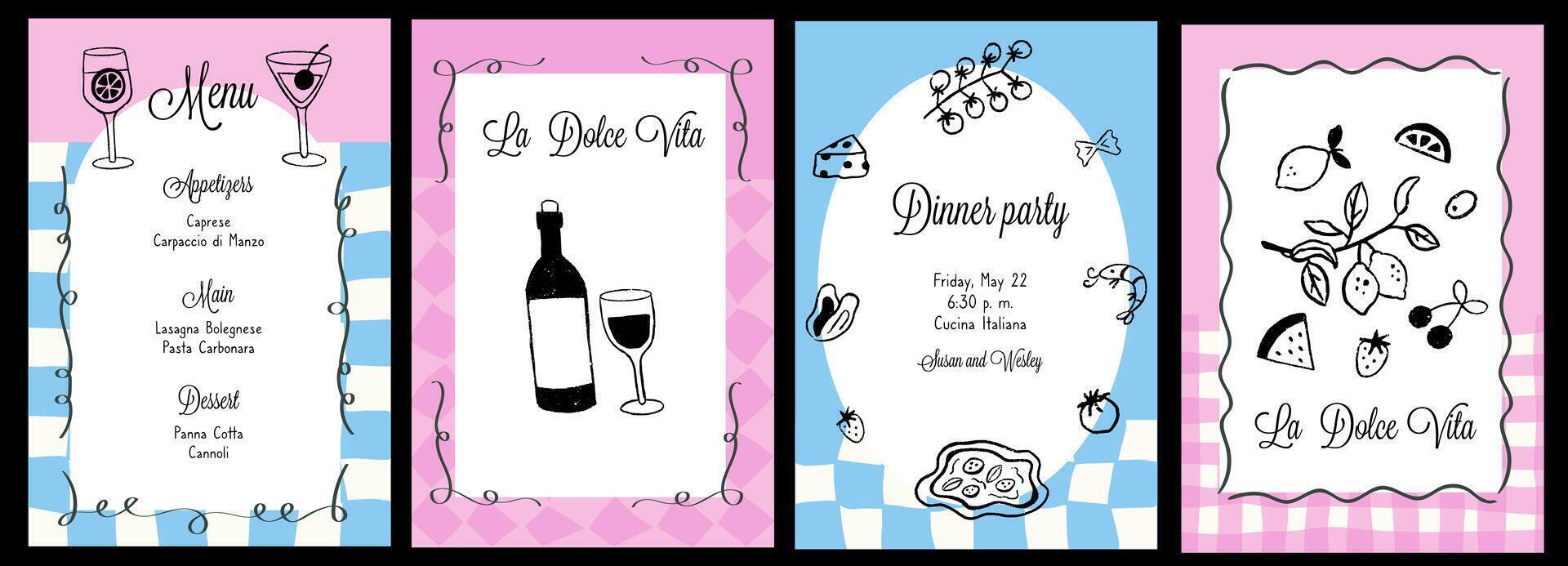 Hand draw la dolce vita breakfast doodles on checked background. Posters with food crayon drawing style. vector