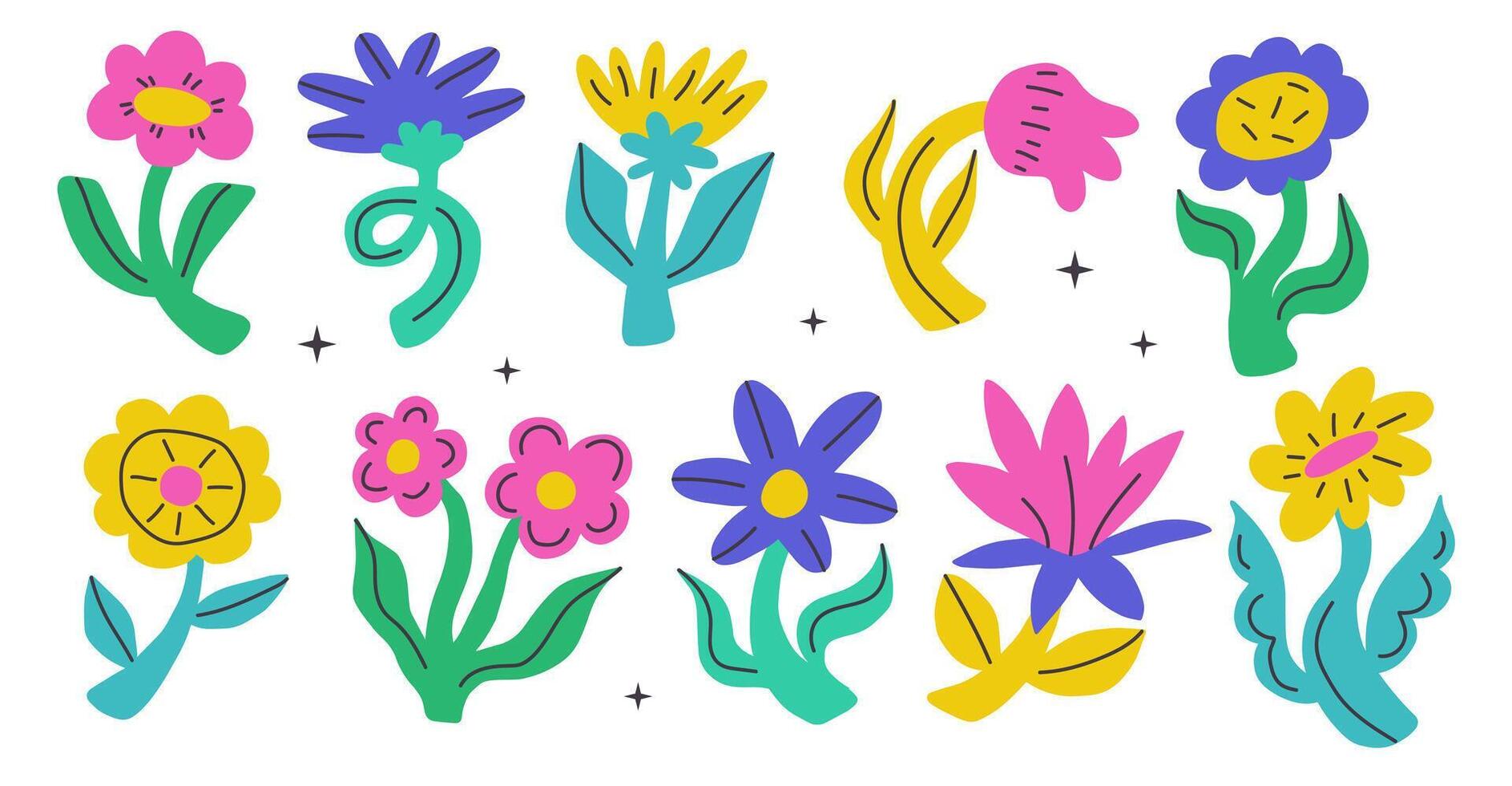 Set of abstract neon flower in funky flat style. Wavy groovy floral botanical elements. Doodle funny plant vector