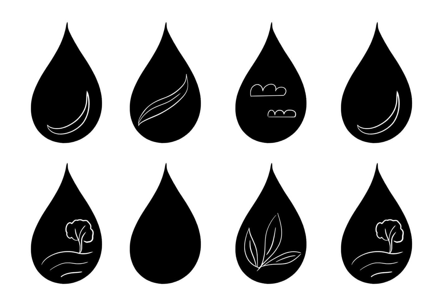 Doodle water drop, hand drawn sweat tear with leaf, cloud, tree. illustration. Black eco liquid drop icons in a simple, minimalistic style on white background. Perfect for UI design vector