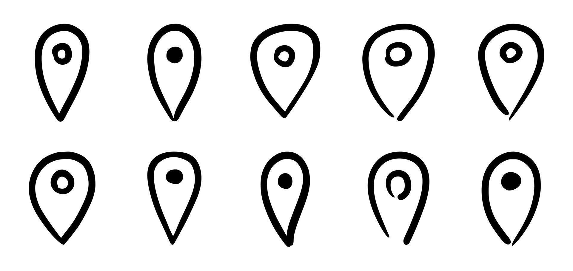 Hand Drawn Map Location Pin set. Doodle Style Navigation Point Icons. Perfect for maps, travel blogs, mobile apps, navigation interfaces, posters, infographics, creative design projects. vector