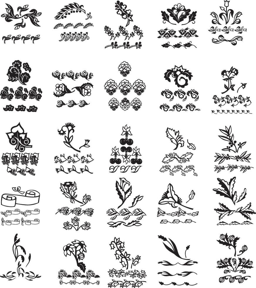 set of floral elements, set of black silhouettes of plants and flowers, vector