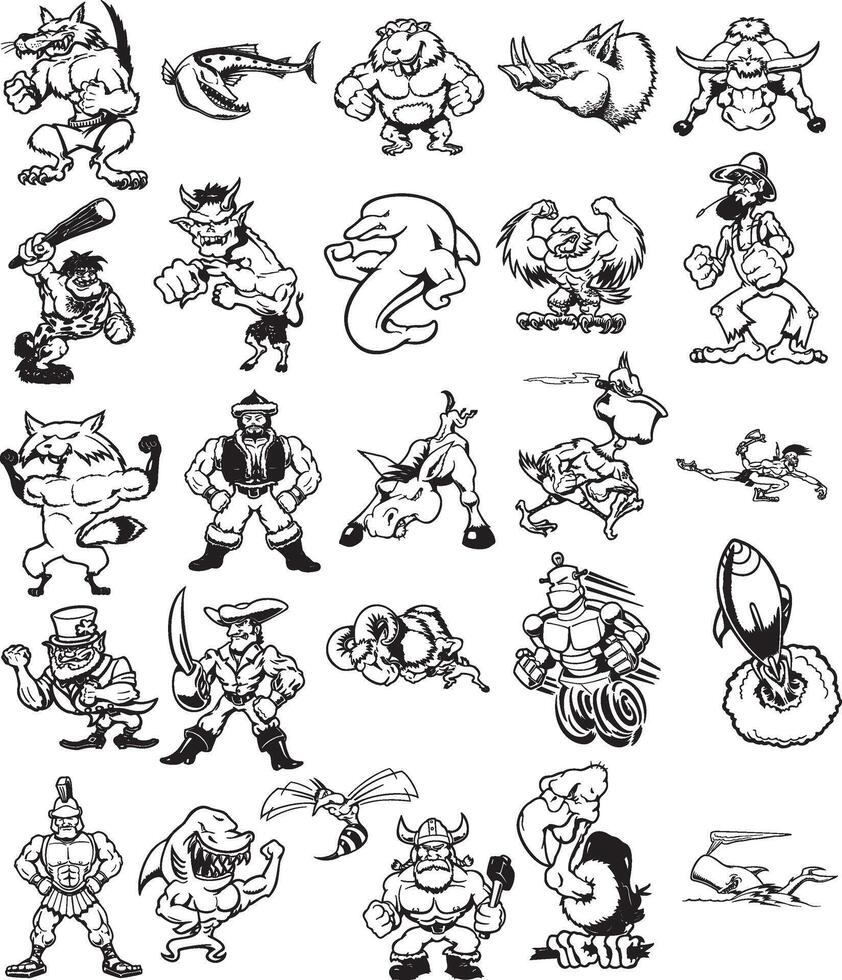 cartoon characters of various animals and fish vector
