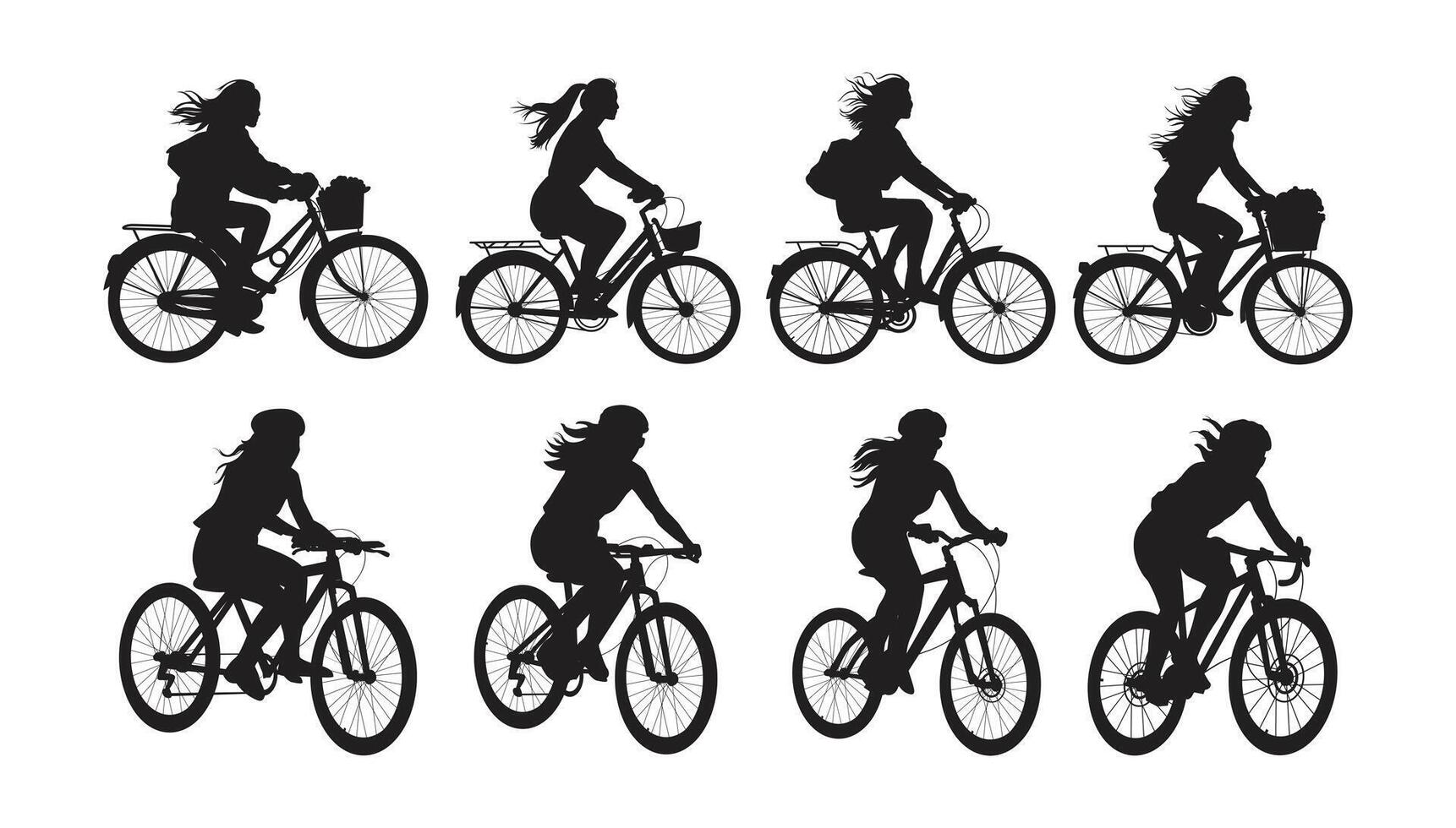 Silhouette of woman riding bicycle in black isolated on a white background. Illustration. vector